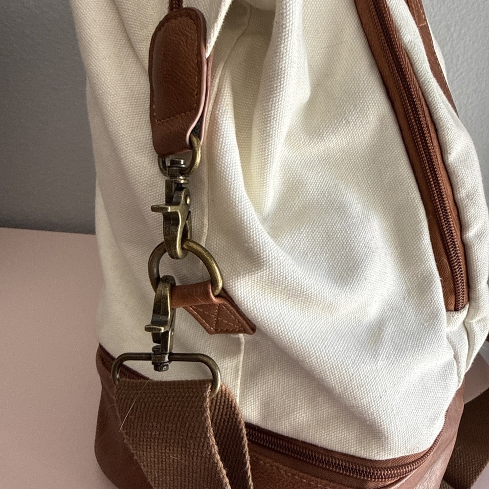 Canvas Weekender Carry-on Duffle Bag Cream/Brown Shoe Compartment/Laptop Sleeve - Picture 5 of 9